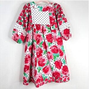 VTG 90s Mousefeathers Dress 6 Pink Floral Polka Dot Cottage Puff Sleeve Retro